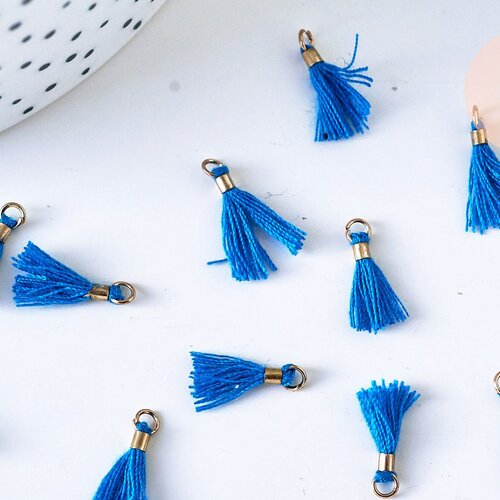 Pompon bleu vif polyestère support doré,décoration pompon, pompon boucles,fabrication bijoux bohème,10-15mm,les 10 g5561