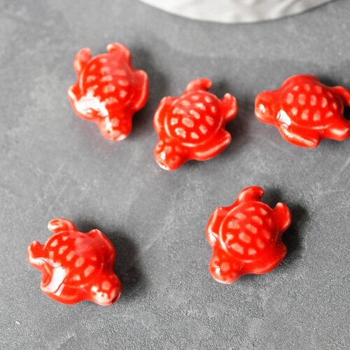 Perle tortue porcelaine rouge 12mm, perle céramique, fabrication bijoux animal,lot de 5 g3906
