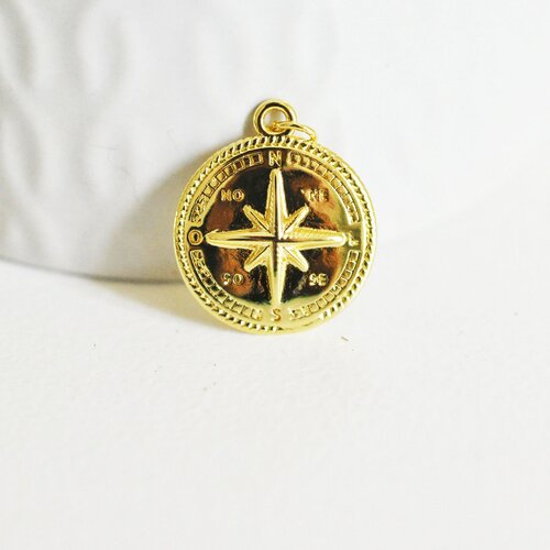 Pendentif médaille ronde boussolle étoile laiton doré 18k, un pendentif doré boussole pour création bijoux,21.5mm,l'unité g5330