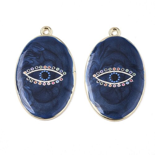 Oval pendant eye protector enamel blue zamac gold 39mm, enamelled brass pendant, nickel-free, unit g5930
