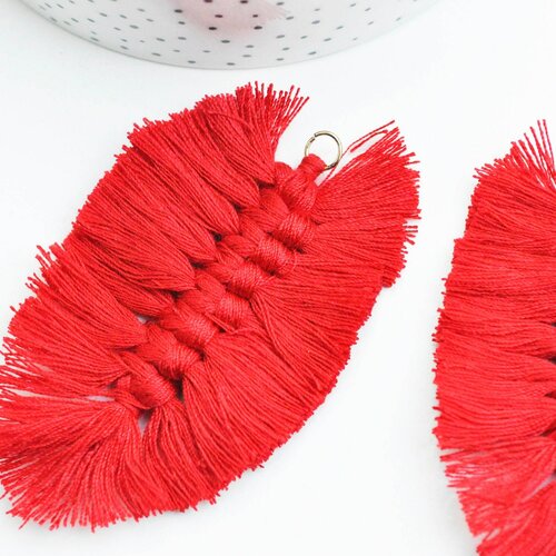 Pendentif large feuille pompon macramé fil rouge,pendentif naturel en fil de coton polyester, 83-90mm, lot de 2, g4519
