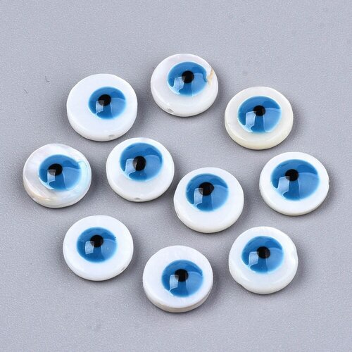 Perle rond nacre blanche mauvais oeil bleu, fournitures créatives,chance, cabochon nacre, gri-gri,9mm ,lot de 10 g5572