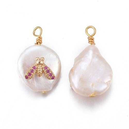Pendentif perle naturelle keshi abeille zircon ,porte bonheur,perle eau douce,création ,perle naturelle blanche,17-26mm, l'unité g4624
