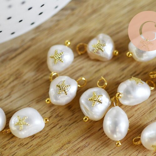 Pendentif perle naturelle keshi étoile de mer doré 13-16mm,porte bonheur,perle eau douce,perle naturelle blanche, l'unité g6231