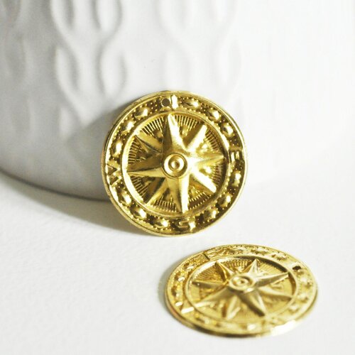 Pendentif médaille ronde soleil laiton brut, un apprêt doré sans nickel, une médaille ronde dorée,25mm,lot de 2,g3225