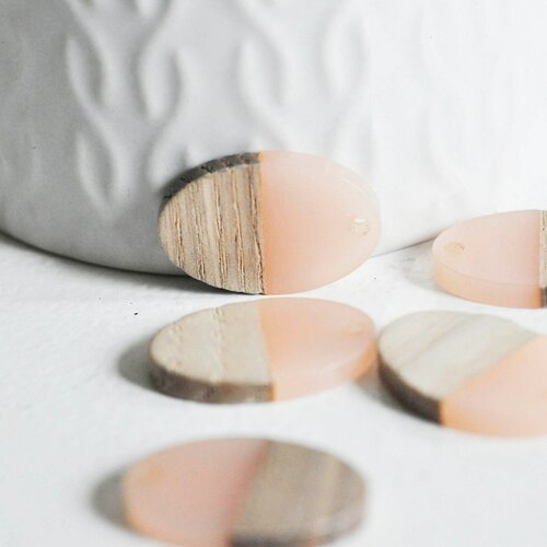 Pendentif ovale bois résine rose clair, perle bois naturel, perle géométrique,perle création bijoux bois,23mm,les 5 g3782