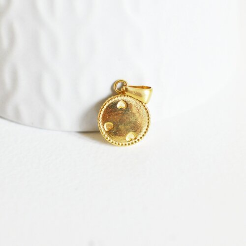 Pendentif médaille ronde petits coeurs acier doré, pendentif doré,sans nickel, acier doré, création bijoux,médaille or,16mm,g3050