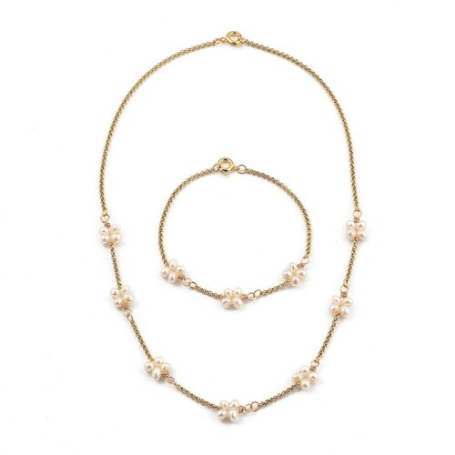 Ensemble collier et bracelet acier doré perles naturelles bijoux doré, cadeau anniversaire, sans nickel, g3345