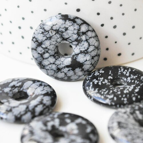 Pendentif donut obsidienne neige,pendentif pierre, obsidienne naturelle,création bijoux pierre naturelle, 30mm, l'unité g3979