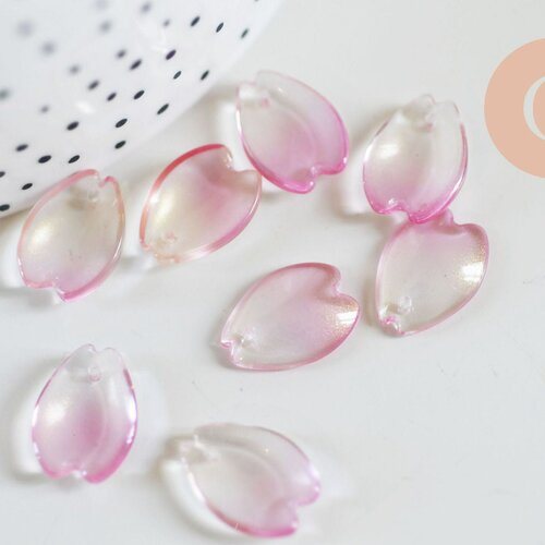 Pendentif pétale verre rose 16mm, perles verre tchèque, perle végétal, lot de 10 g7088