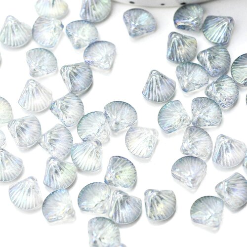 Perle coquillage verre transparent bleu clair 10.5mm, perles verre tchèque, perle coquille, verre bleu, creation bijou, lot 10 perles g4375