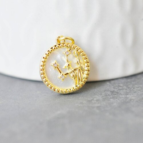 Pendentif médaille ronde vierge nacre laiton doré 18k zircons,pendentif doré astrologique création bijoux sans nickel,17.5mm, l'unité g3481