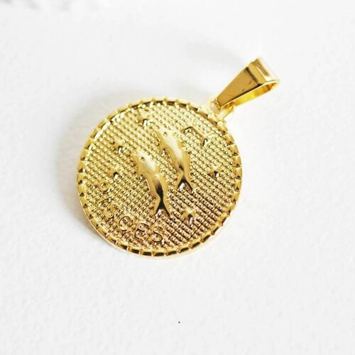 Pendentif médaille ronde poisson acier doré,signe astrologique, pendentif doré,sans nickel,création bijou,médaille or,2.9cm, l'unité, g812