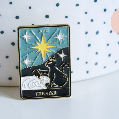 Broche pins carte tarot l'étoile mystique émail noir doré émail 30.5mm,broche dorée,décoration veste,l'unité-g6715