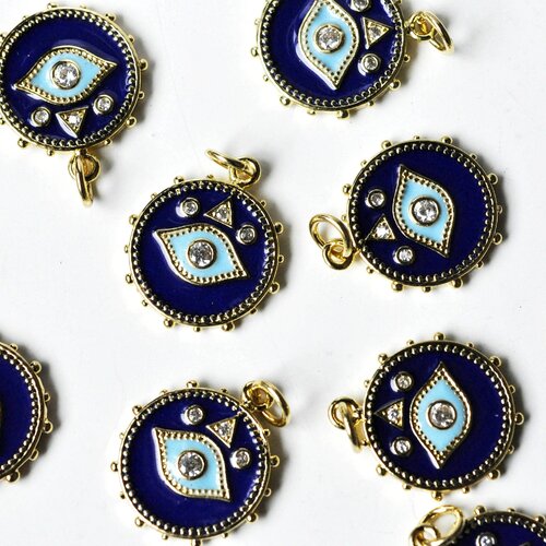 Pendentif médaille ronde oeil émail bleu laiton doré 18k et cristal zircon,pendentif porte-bonheur pour création bijoux,18.5mm,l'unité g4087