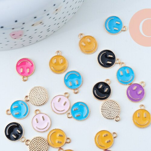 Smiley pendant zamac gold multicolored enamel 12mm, gold pendant for jewelry creation, lot of 5 g6105
