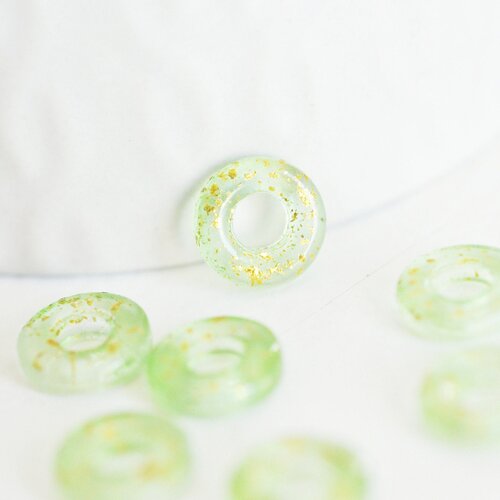 Pendentif donut verre vert et feuille d'or, un pendentif rond verre pour vos créations de bijoux,15x3mm, lot de 10,g3300