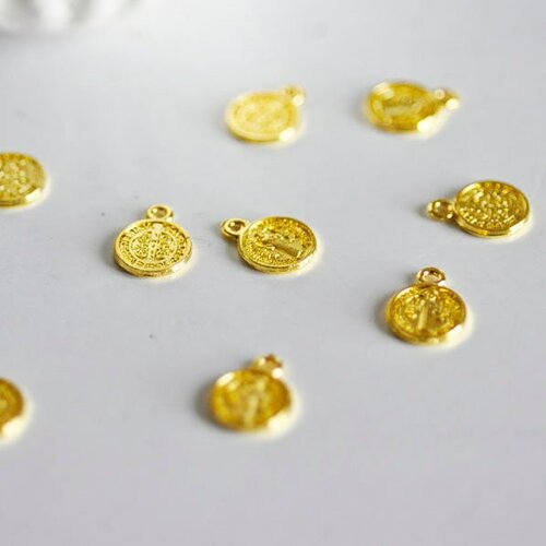 Pendentif médaille rondes saint benoit, pendentif doré, médaillon religion,sans nickel,laiton doré,1.4cm, lot de 10-g1623