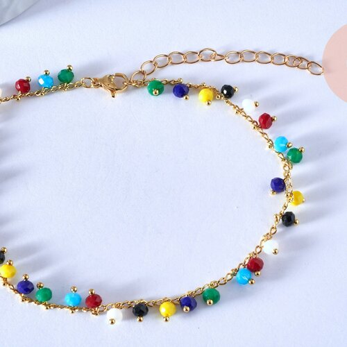 Bracelet chaine cheville laiton et perles multicolores, bracelet doré reglable,création bijou laiton doré,sans nickel,bracelet ,25.4cm g4090