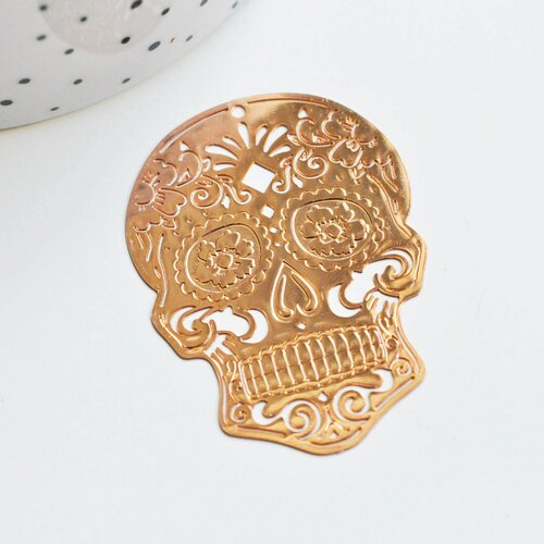 Pendentif estampe filigrane tête de mort laiton or rose, pendentif très fin et léger pour création de bijoux, lot de 2,46 x 34 mm g3689