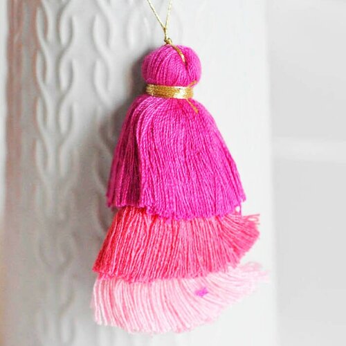 Pompon rose coton, fournitures créatives, décoration pompon, triple pompon, boucles pompon, longueur 6.5cm-g2110