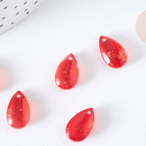 Perles gouttes verre transparent rouge paillettes dorées  14,5mm, perle création bijoux, lot de 5 g7297