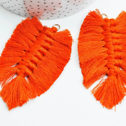 Pendentif large feuille pompon macramé fil orange,pendentif naturel en fil de coton polyester, 83-90mm, lot de 2, g4521