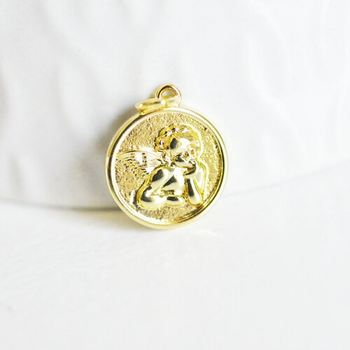 Pendentif médaille ronde ange laiton doré 18k, pendentif laiton doré pour création bijoux,médaille or,16mm, l'unité g6712
