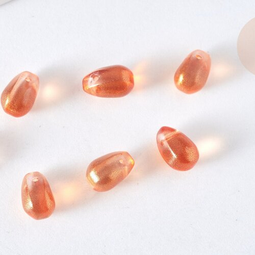 Perles cristal goutte orange paillettes dorées 9mm, création bijoux verre, lot de 50 g7290