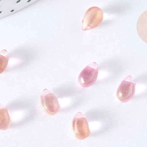 Perles cristal transparent goutte rose paillettes dorée  9mm, création bijoux verre, perles goutte, perle création bijoux,9mm g7285