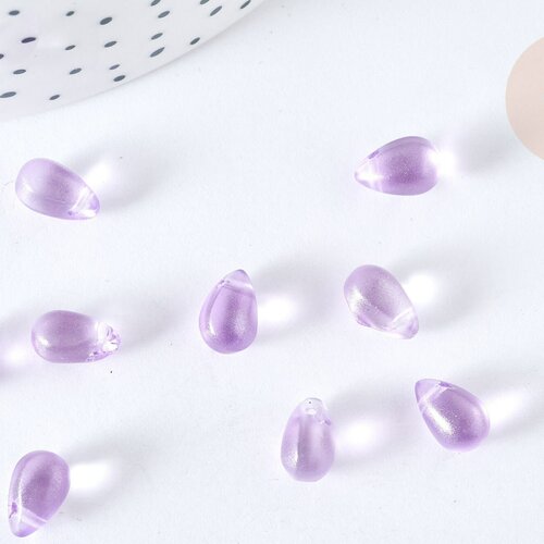Perles cristal violet transparent goutte paillettes dorées 9mm, création bijoux verre, lot de 50 g7284