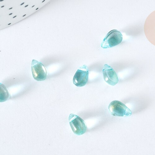 Perles verre transparent goutte bleu ciel doré 9mm, création bijoux verre, lot de 50 g7283