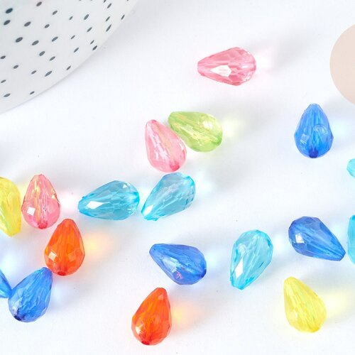 Perle goutte acrylique transparent multicolore 12mm, création bijoux plastique coloré, lot de 20 g7270