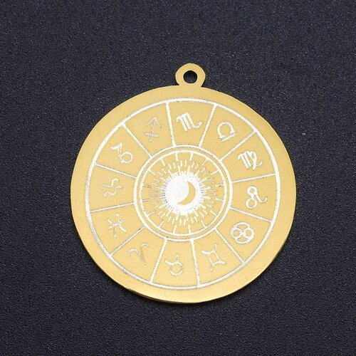 Pendentif médaille ronde astrologie acier doré 27.5mm,signe astrologique, pendentif doré,sans nickel,laiton doré,médaille or, l'unité g6123
