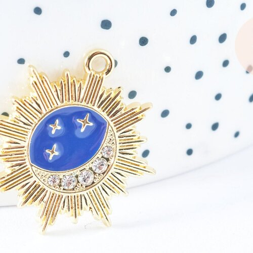 Pendentif soleil lune étoiles bleu zamac doré 18k cristal zircon 26mm,sans nickel,création bijoux chance, pendentif chance, l'unité g6682