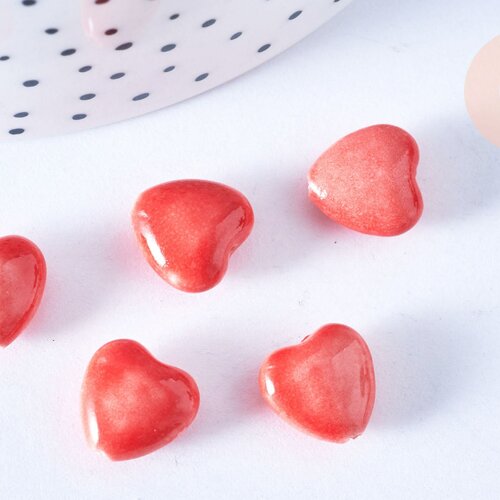 Perle coeur porcelaine rouge, perle céramique, fabrication bijoux amour et amitié, 12mm,lot de 5 g3494