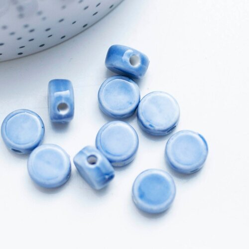 Perles porcelaine émail bleu, perle céramique, perle porcelaine,perle disque, céramique bleue,12mm,lot de 10 perles g5363