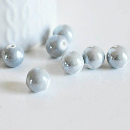 Perle ronde porcelaine gris clair,perle céramique, porcelaine grise, création bijoux, perle ronde, lot de 5, 1.2cm,g3199