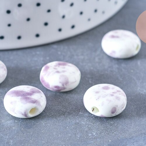 Perle porcelaine blanc violet 15mm, perle striées,perle céramique, fabrication bijoux, céramique violette, lot de 5 g5718
