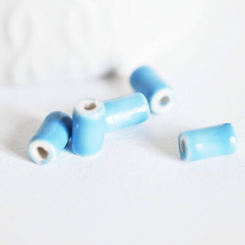 Perle porcelaine bleu, fournitures créatives,perle céramique, porcelaine bleu,perle tube, création bijoux,lot de 5, 10mm,g2348