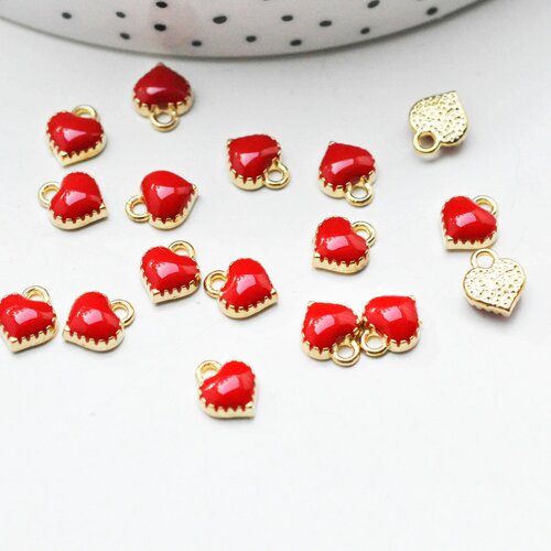 Pendentifs doré cœur émail rouge, pendentif coeur,fournitures créatives, métal doré, pendentif amour,création bijoux,8mm, lot de 10 g4617