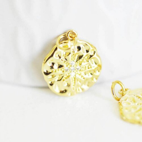 Pendentif médaille doré cristal zircon, pendentif doré,porte-bonheur,laiton dore,bijou médaille,création bijoux,17mm,l'unite,g482