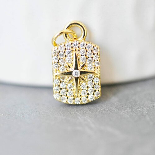 Pendentif médaille rectangle étoile laiton doré zircons, un pendentif doré avec cristaux pour création bijoux,14.5mm,l'unité,g3484