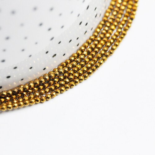 Perle ronde facetté hématite dorée, une fourniture pour fabrication de bijou pierre, le fil  39.8cm,2mm g4428