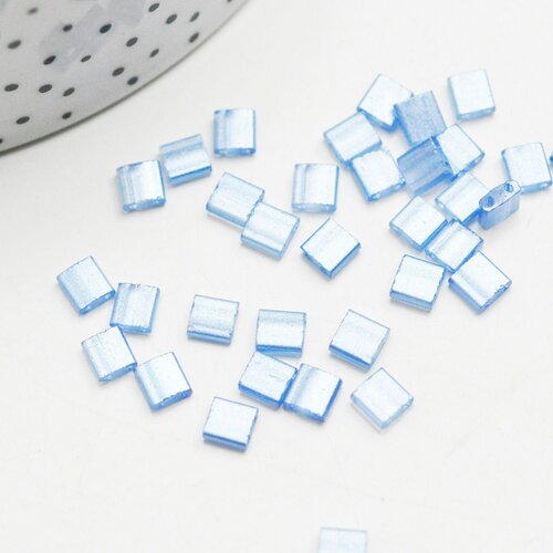 Perles rocaille carré verre rectangle bleu tendre nacré, perle carré création bracelet, perle tila,4.5mm,2 trous, les 50 (4.8 gr)  g4452