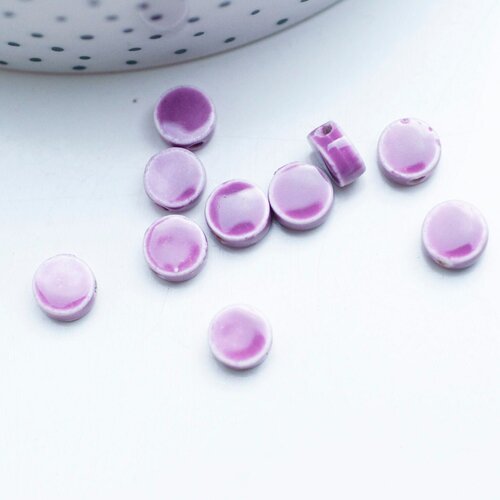 Perles porcelaine violet, perle céramique, perle porcelaine,perle disque, céramique violet,8mm,lot de 10 perles g4728