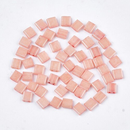 Perles rocaille carré verre rectangle  saumon clair, perle carré création bracelet, perle tila,4.5mm,2 trous, les 50 (4.8gr) g5485