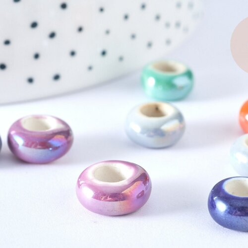 Perles porcelaine rondelle couleur mixte12-13mm, perle céramique création bijoux, lot de 10 g7165