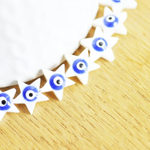 Perle étoile nacre blanche mauvais oeil bleufoncé, fournitures créatives,chance, cabochon nacre, gri-gri,12mm ,lot de 10,g3301