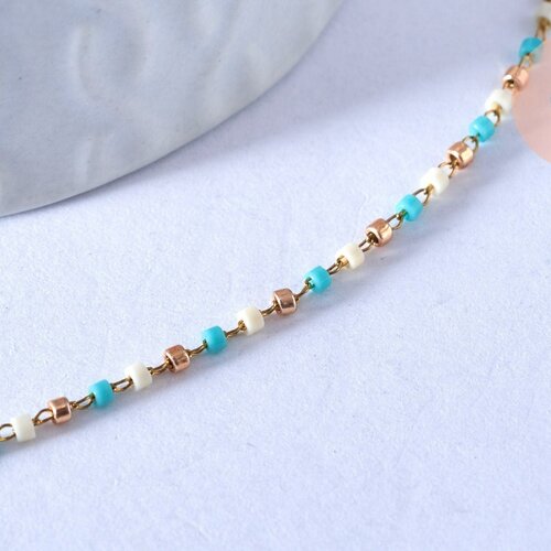 Chaine complète acier doré perls rocaille turquoise artisanale, création collier acier inoxydable doré,40.7cm, l'unité g4010